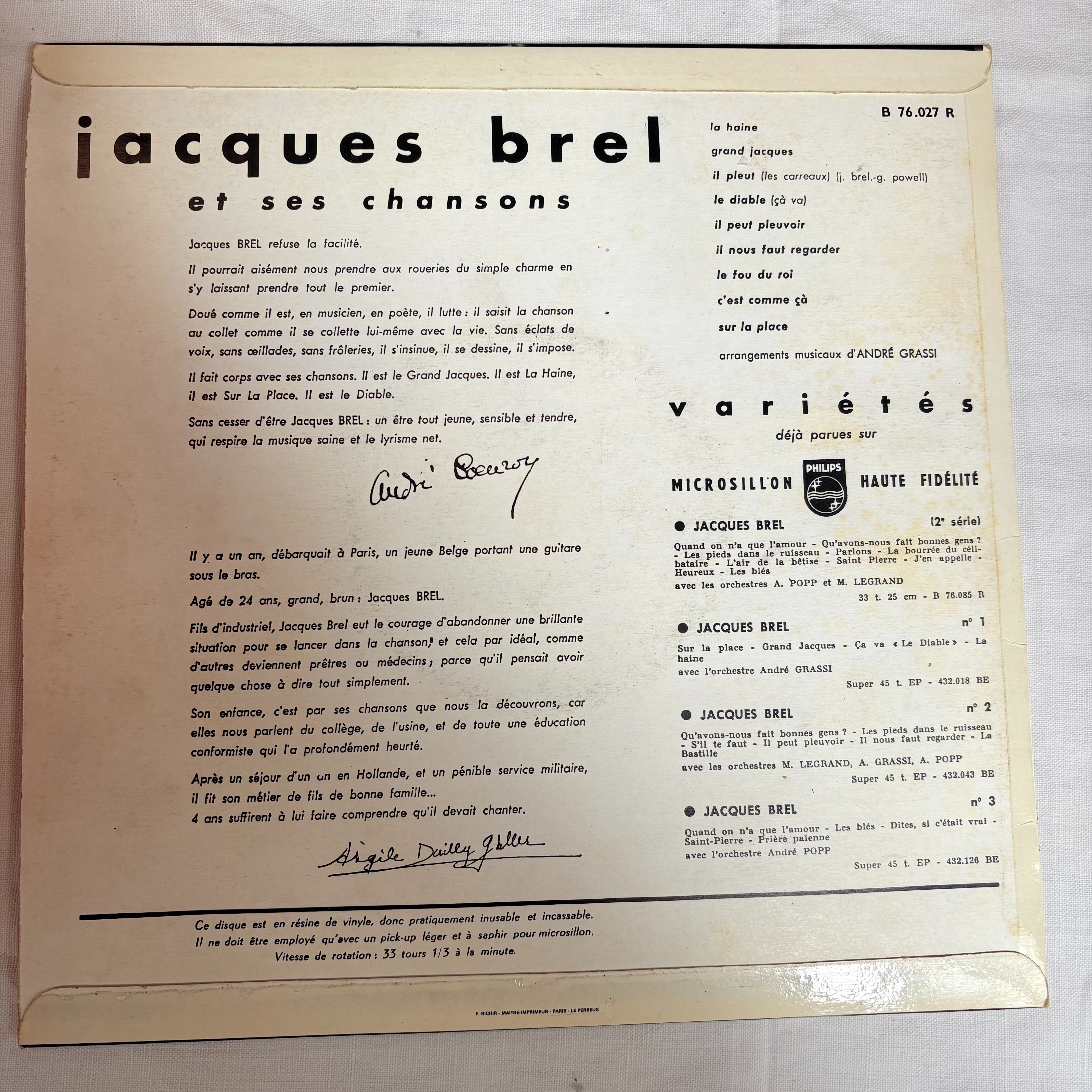 Jacques Brel "Et Ses Chansons" 33T 1/3 1954. Bon état - Vue 2 - 